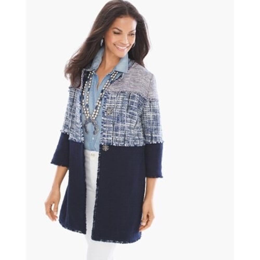 NWT Chico’s Textured Colorblock Tweed Open Jacket Size 2/ Large Fringe Blue